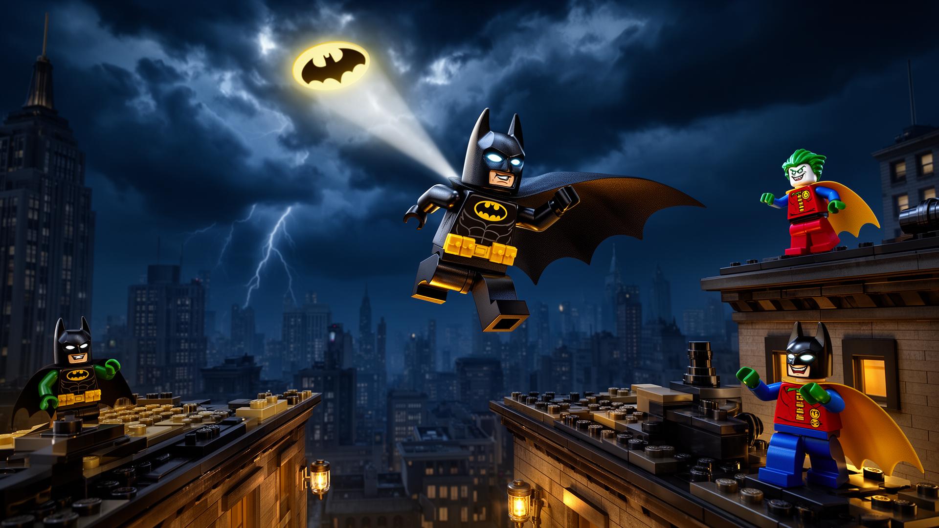 LEGO Batman leaping across the Gotham skyline